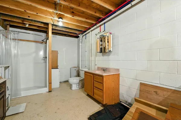 a view of a park with large trees