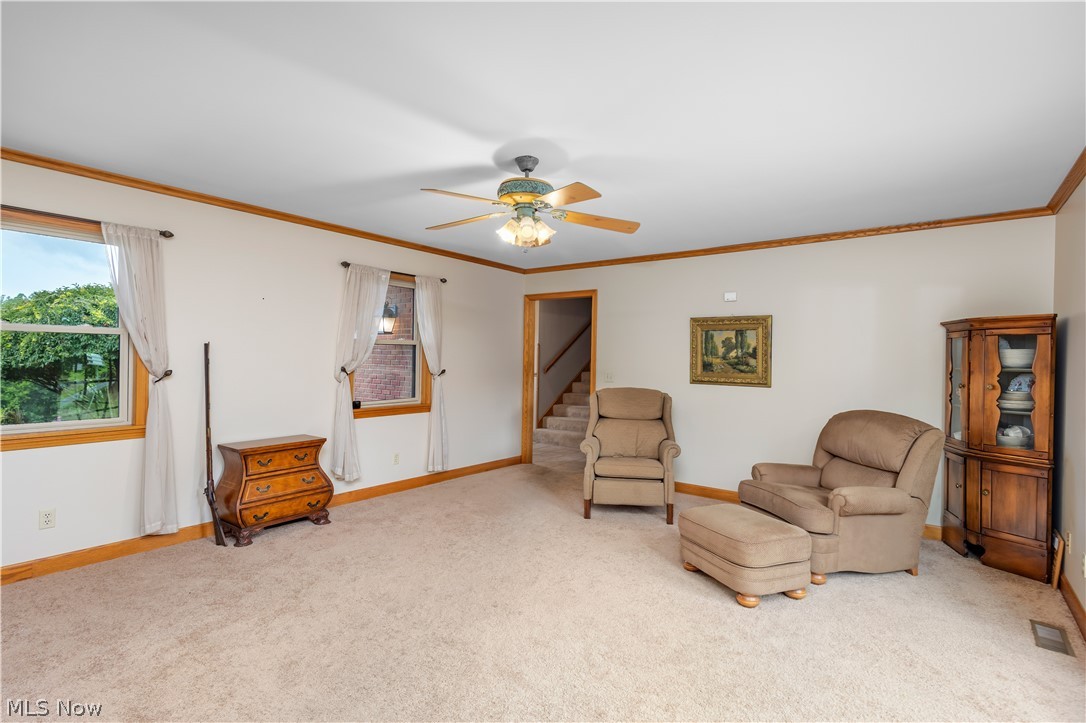 10909 Ruby Road Cambridge, OH 43725 - Photo 12 of 34 Sitting room featuring ornamental molding, carpet flooring, and a ceiling fan