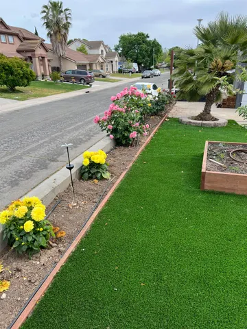a view of a backyard with wooden fence