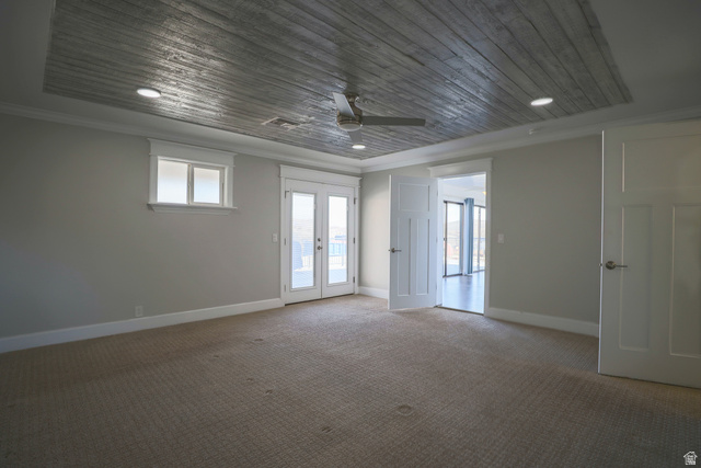 422 West Buckeye Reef Road Leeds, UT 84746 - Photo 7 of 47 Carpeted Primary bedroom with french doors, ceiling fan, recessed lighting, and ornamental molding