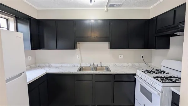 a kitchen with a sink a stove and refrigerator