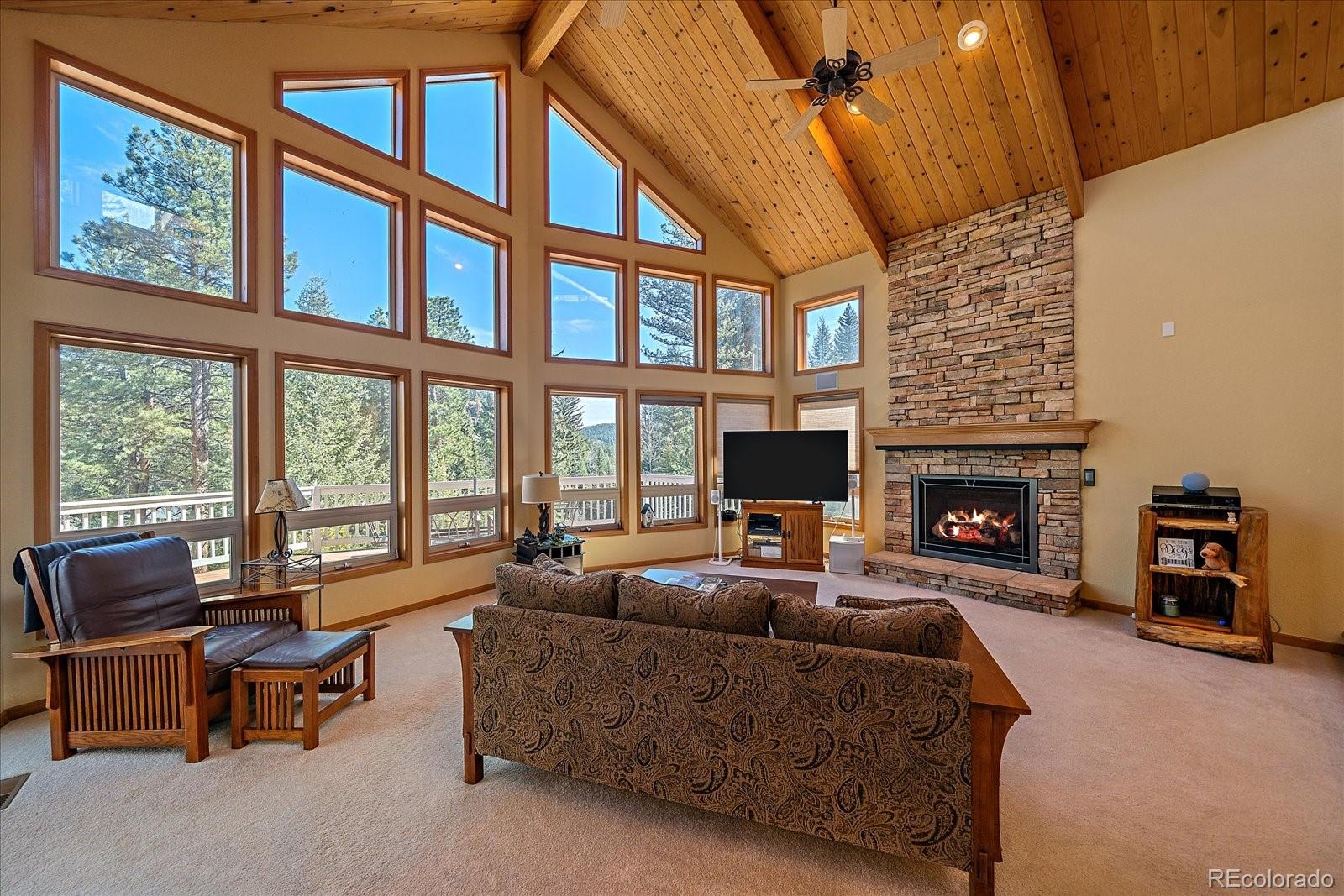 9948 South Turkey Creek Road Conifer, CO 80433 - Photo 6 of 50 a living room with furniture a fireplace and a flat screen tv