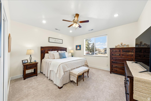 357 East Main Street Enterprise, UT 84725 - Photo 24 of 71 Bedroom featuring light carpet, a ceiling fan, and recessed lighting