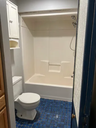 a bathroom with a toilet and a shower