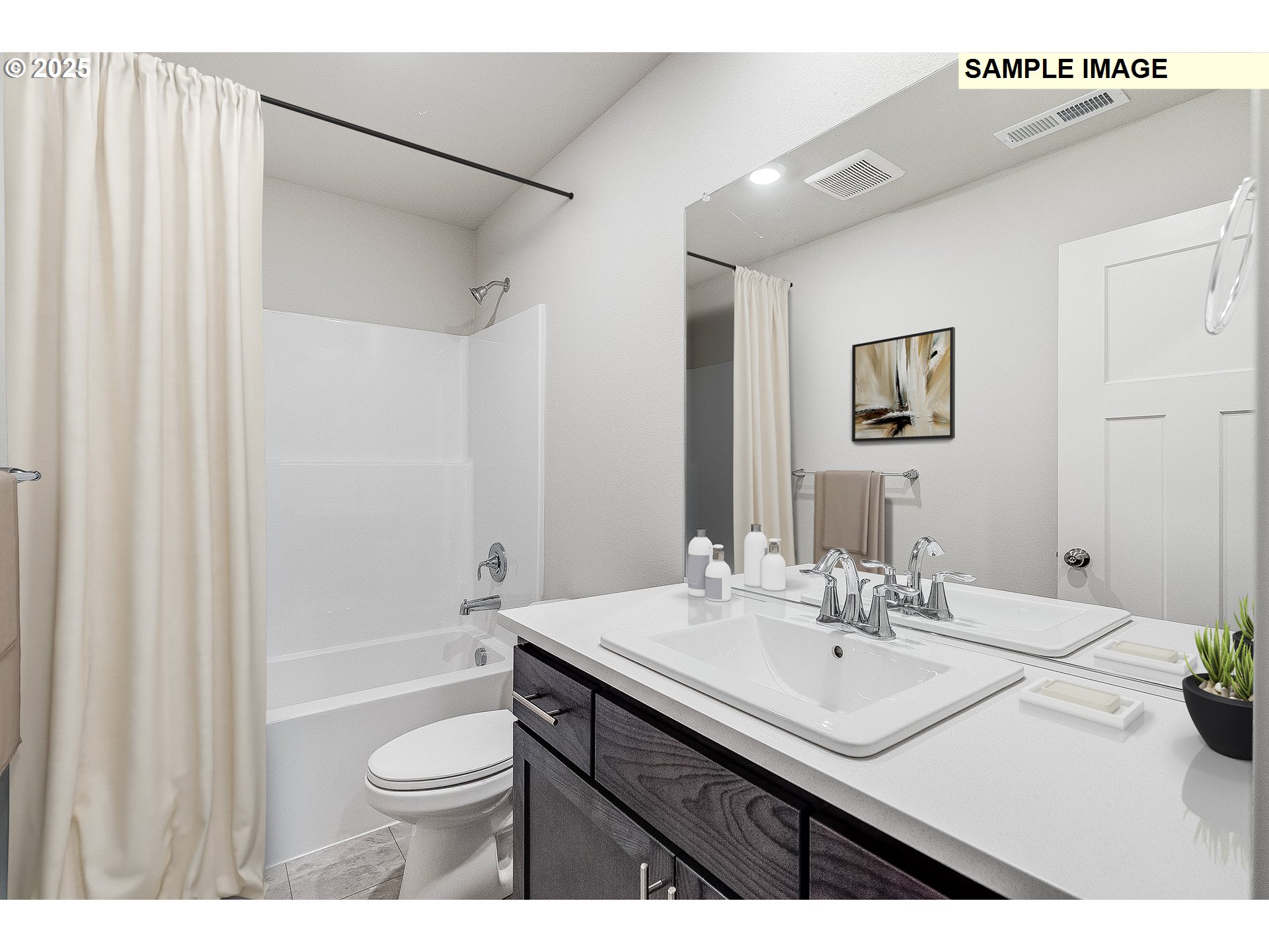 5893 Bainbridge Road Eugene, OR 97402 - Photo 11 of 22 a bathroom with a sink a toilet a mirror a vanity and shower