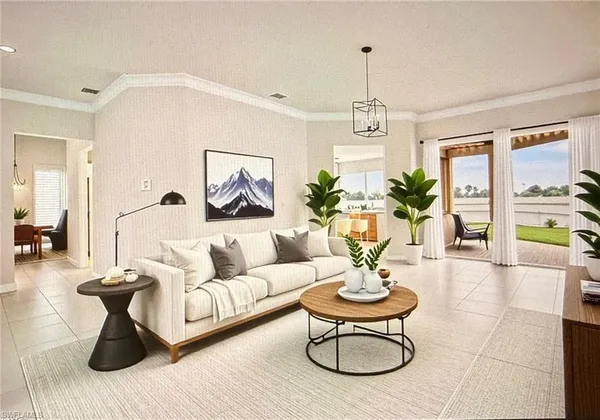 a living room with furniture a rug and a chandelier