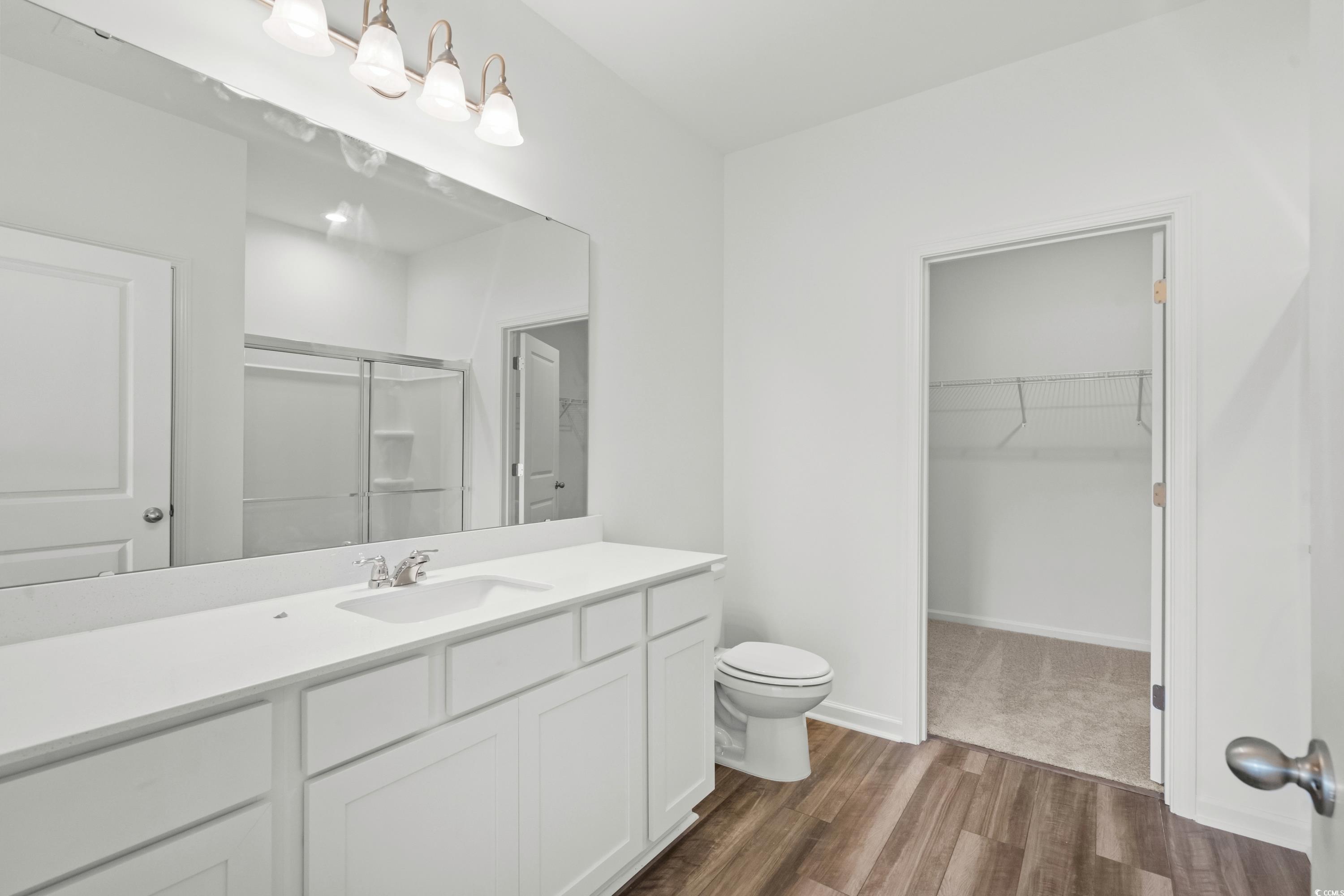435 Castillo Drive Longs, SC 29568 - Photo 19 of 27 Bathroom with a spacious closet, a stall shower, dark wood-style flooring, and vanity