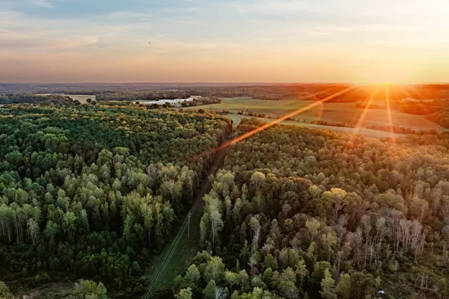an aerial view of a city with lots of residential buildings and green landscape