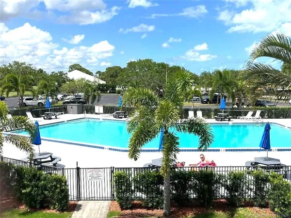 a view of a swimming pool with a yard and plants