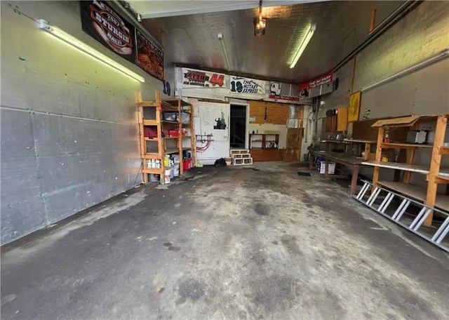 a view of a garage with storage
