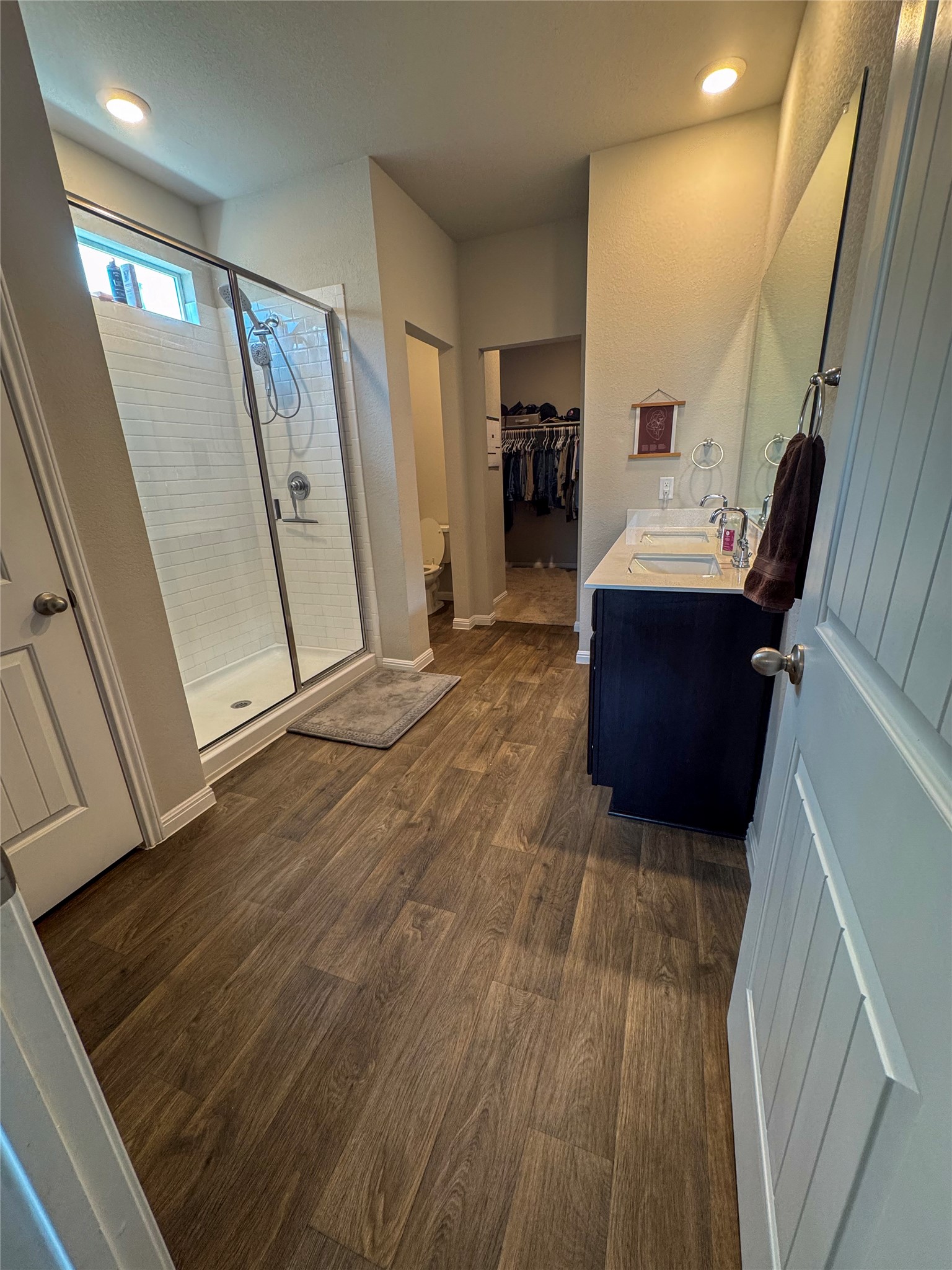 107 Hamilton Pool Lane Bastrop, TX 78602 - Photo 13 of 22 Bathroom with a walk in closet, vanity, a stall shower, and recessed lighting.