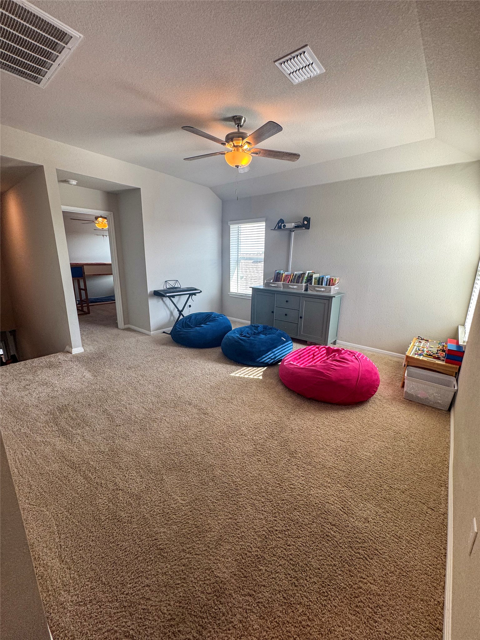 107 Hamilton Pool Lane Bastrop, TX 78602 - Photo 15 of 22 Upstairs living room with carpet and a ceiling fan.