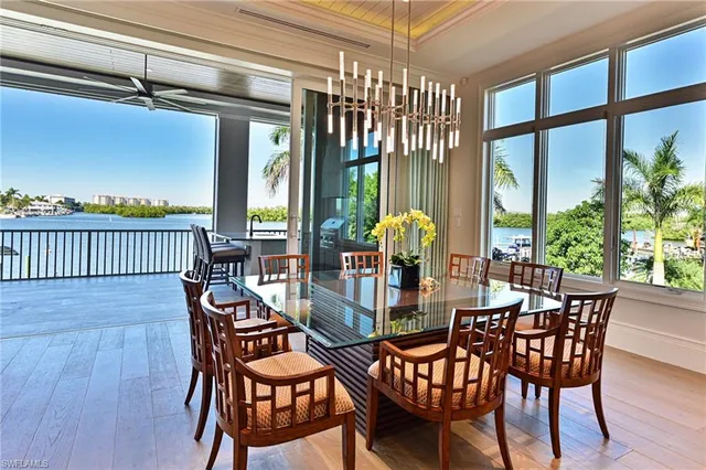 a view of a dining room with furniture window and outside view