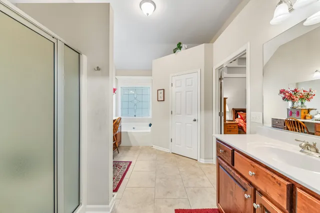 an aerial view of green landscape with trees houses and lake view