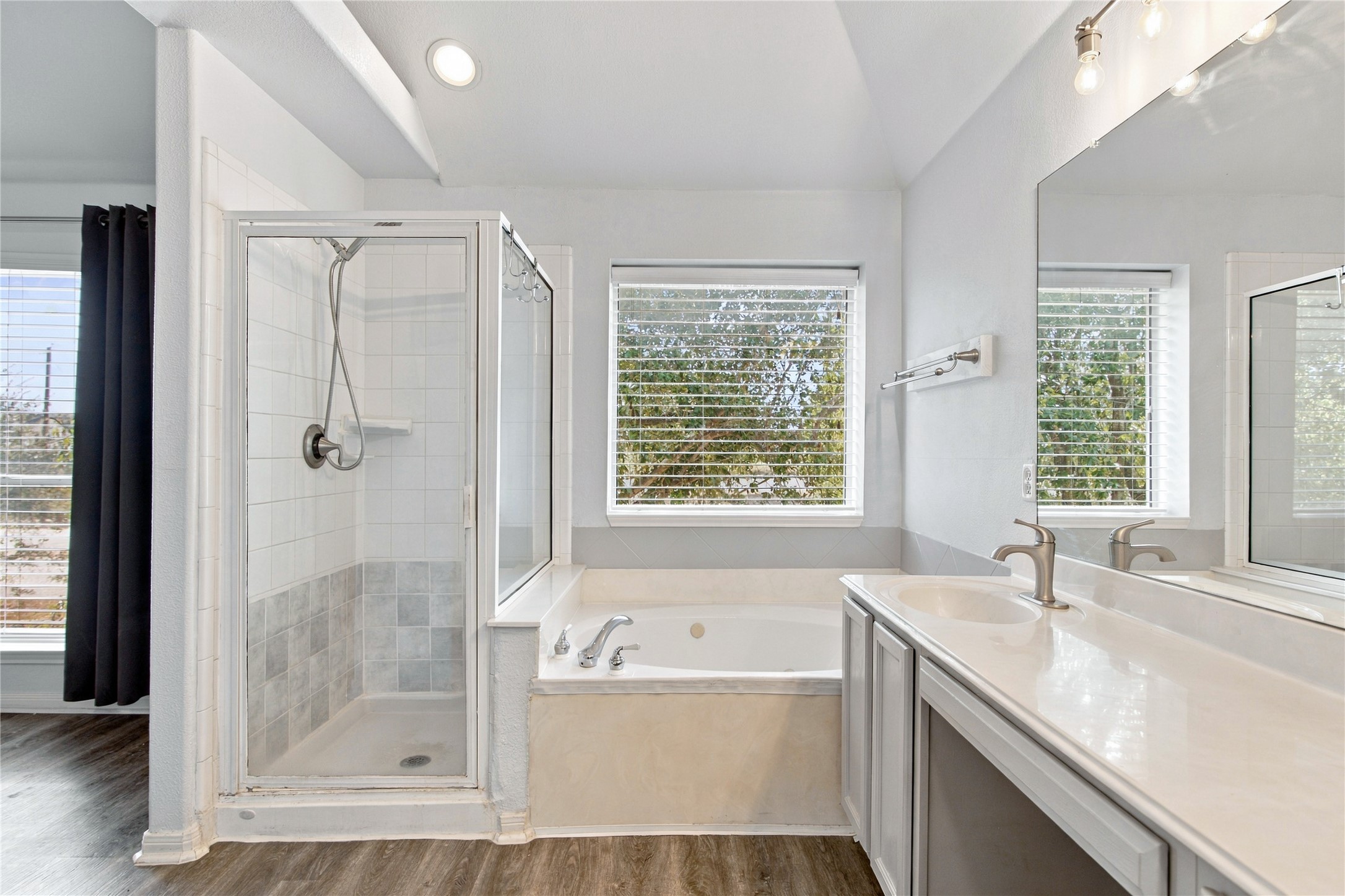 910 Point Run Drive Pflugerville, TX 78660 - Photo 20 of 39 A glass-enclosed shower stands alongside a soaking tub under natural light in this bathroom.