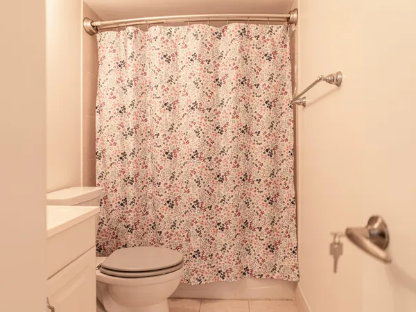 a bathroom with a toilet and a shower curtain