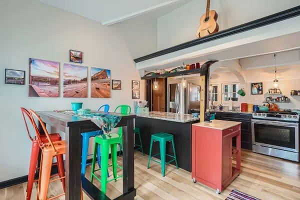 a view of a dining room with furniture kitchen view