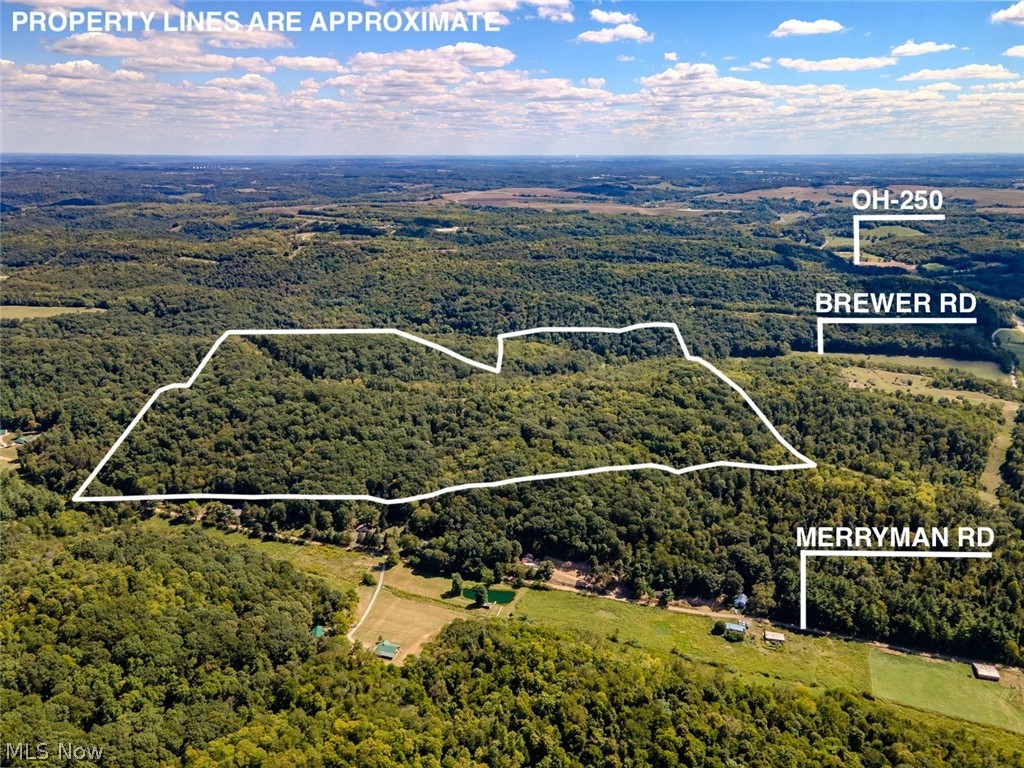 0 Brewer Road Cadiz, OH 43907 - Photo 1 of 37 Aerial overview of property's location with a heavily wooded area and property boundaries highlighted