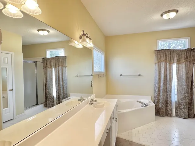 a bathroom with a sink mirror and a bathtub