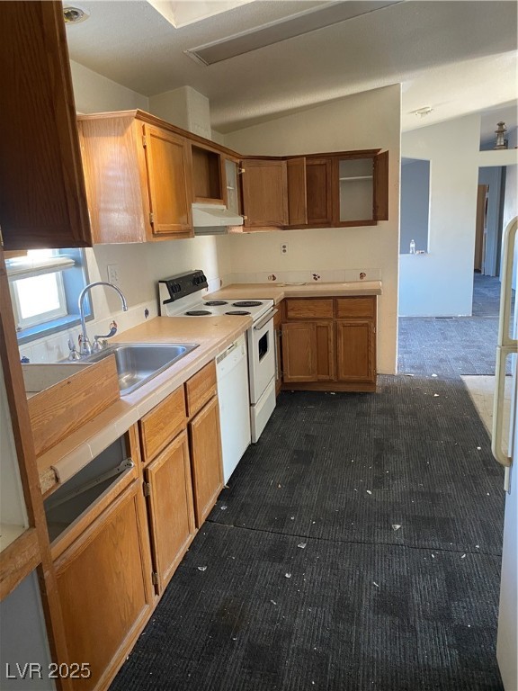 4830 McGraw Road Pahrump, NV 89061 - Photo 14 of 26 Kitchen featuring lofted ceiling, light countertops, white appliances, brown cabinetry, and ventilation hood