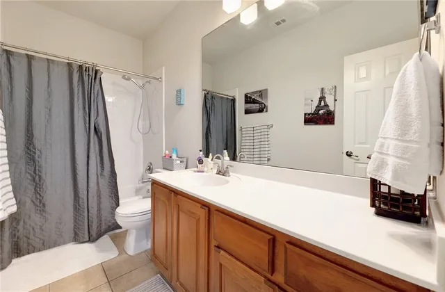 a bathroom with a sink a toilet a mirror and shower