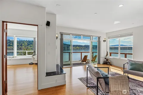 a living room with furniture and floor to ceiling windows