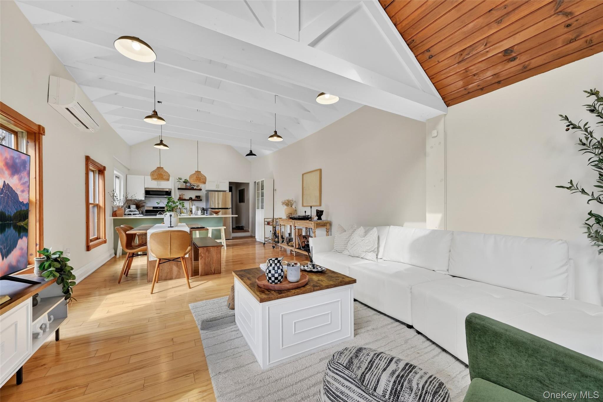 96 Lower Wisner Road Warwick, NY 10990 - Photo 16 of 34 Vaulted wood plank ceilings with exposed white beams and recessed lighting