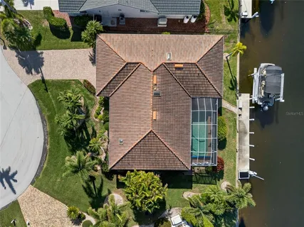 an aerial view of a house with garden