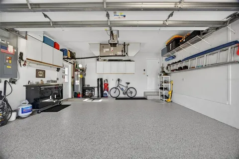a view of a garage with storage