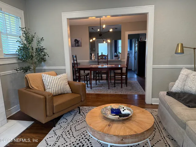 a view of a dining room with furniture
