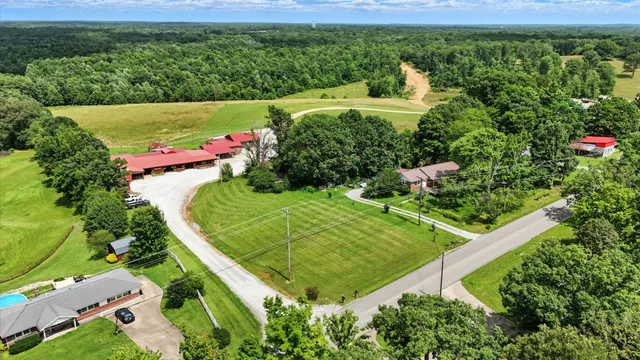 an aerial view of a house with swimming pool