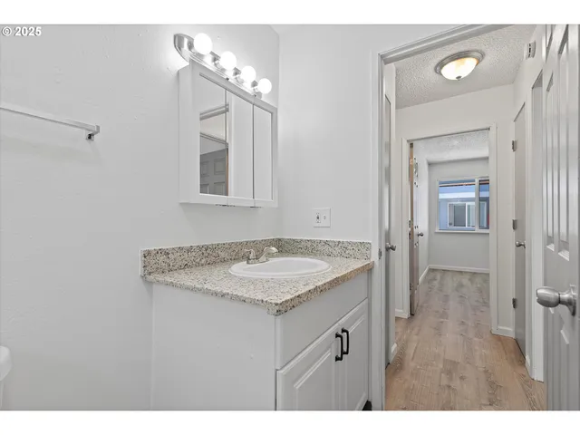 a bathroom with a sink vanity and mirror