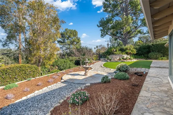 a view of a park with large trees