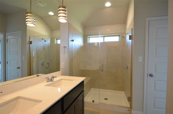 a bathroom with a sink a shower and a mirror
