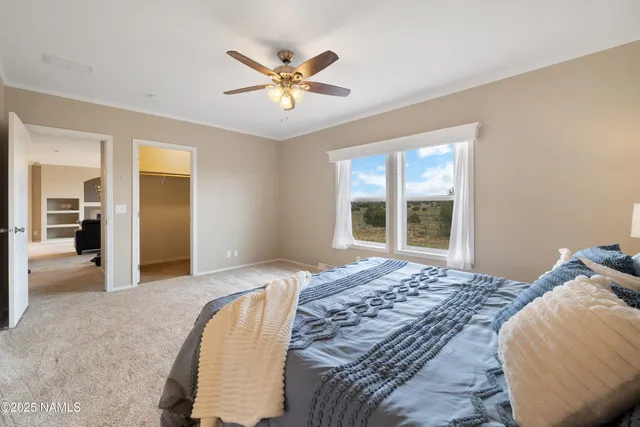 a bedroom with a large bed and a chandelier