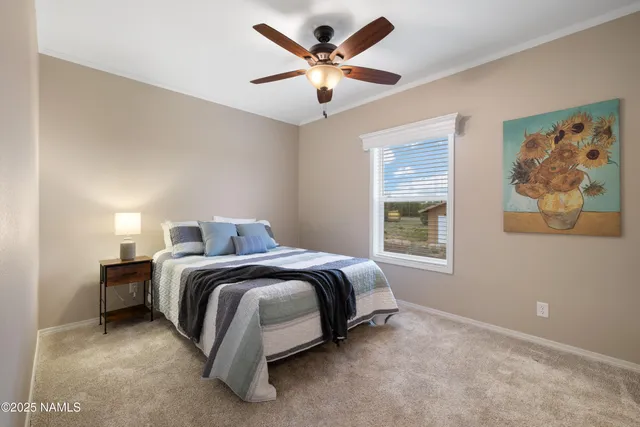 a bed room with a bed and a ceiling fan