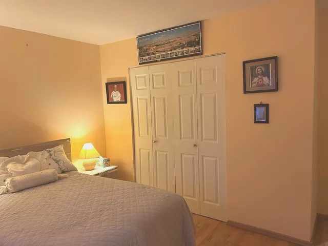 a bedroom with a bed and cupboard