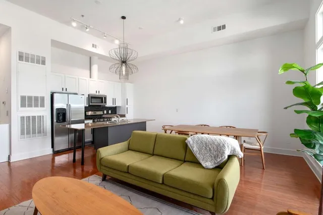 a living room with furniture kitchen view and a potted plant