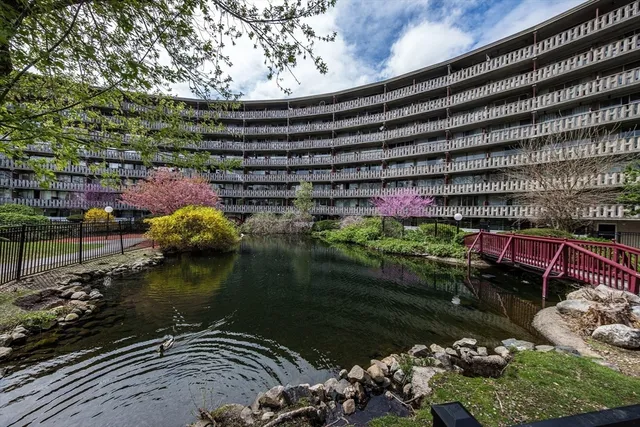 a blue swimming pool with a outdoor seating and plants