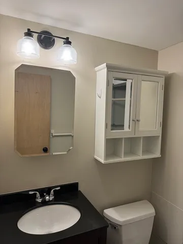 a bathroom with a toilet a sink and mirror