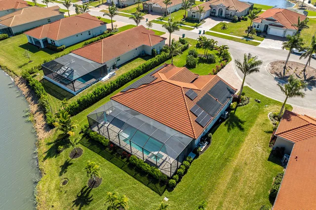 an aerial view of a house with a garden