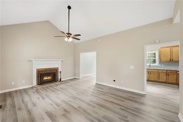 a living room with a fireplace