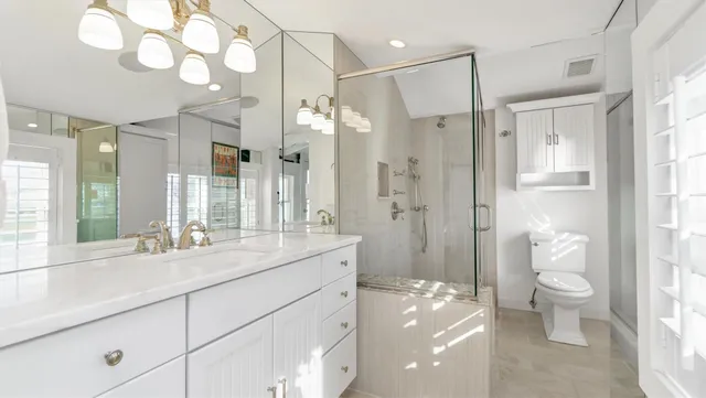 a bathroom with a shower sink vanity mirror and toilet