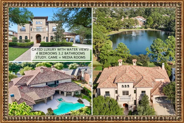 an aerial view of residential houses with outdoor space and lake view
