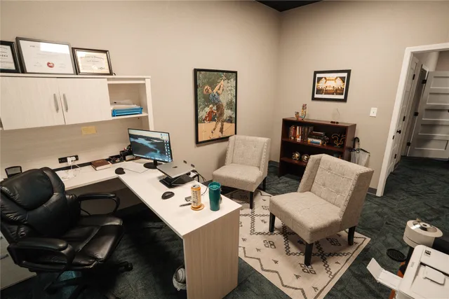 a view of a workspace with furniture and rug