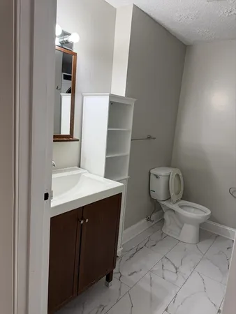 a bathroom with a toilet sink and mirror
