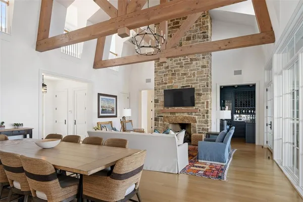 a view of a livingroom with furniture and a fireplace