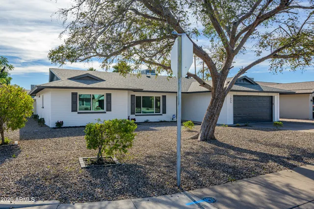 a view of a house with a yard and large tree