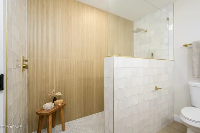 a bathroom with a shower and toilet