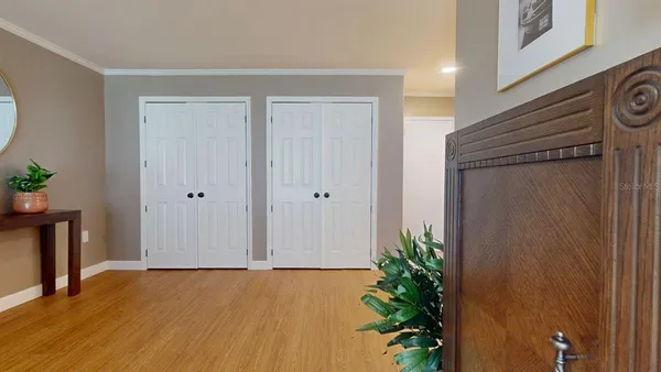 a view of a hallway with wooden floor and a potted plant